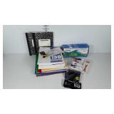 School supplies, paper, folders, pens, pencils,
