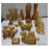 Amber glass group, heart dish, butterfly dishes,