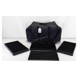 Duffel bag with jewelry organizer trays.