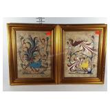Mexican style folk art paintings, two, framed,