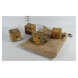 Four 3 inch cube wooden dice with burlap bag.