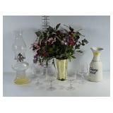 Homegoods group: oil lamp, 4 wine glasses, "cheap