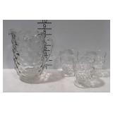 Fostoria glass pitcher and 3 cups, American
