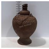Wood carved tribal decor container with woven