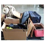 Group lot with luggage, plastic bowls, massage