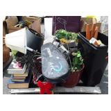 Skid lot of rugs, books, bucket, floral