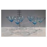 Six blue tinted martini glasses, stemware.