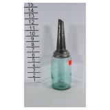 Quart Blue glass jar (unmarked) with spout lid.