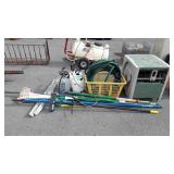 Group of: 3 sprayers, garden hose, garden hose