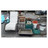 Group of: folding lawn chair, folding ladder,