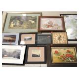 Wall art group, several framed photos, floral oil
