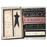 Wooden wall signs, five in all large window frame