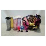 Group lot. Straw bags, cups with lids, phone