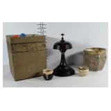 Decor planters and pedestal dinner bell. Seller