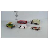 Group of 5 toy vehicles: race car, semi-truck,