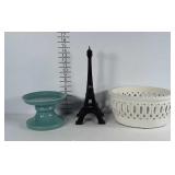 2 pottery Barn stoneware pieces and an Eiffel