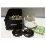 Container with various glass stoppers, ashtray,