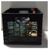 Milk crate of bottles and Mason jars