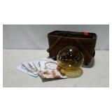 Woven basket, blown glass orb and 5 small