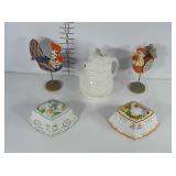 2 plush chickens on wooden stands, pig pitcher