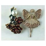 Two brooches ballerina and a rose