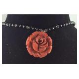 Sterling silver carved red stone and black beaded