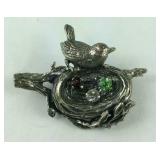 Sterling silver nest and bird pin