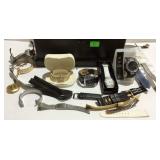 Wooden jewelry chest with watches and watch parts