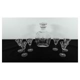 Glassware, etched 9" decanter and 4" glasses