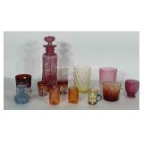 Colored glass lot: decanter, cordial glasses,