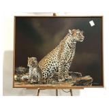 Large big cat oil painting on canvas, framed,