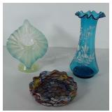 Glassware, blown glass vases and millefiori dish,