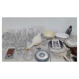 Glassware, clock, serving bowls, tote bag and