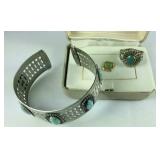 Tie clip, silvertone ring, and silvertone