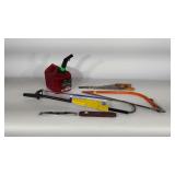 Tools group, saws, levels, household toilet