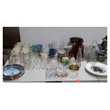 Glassware, ashtrays, liquor jug, Nascar tin, etc