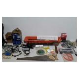 Tools and hardware, mallet, hand saw, shelf