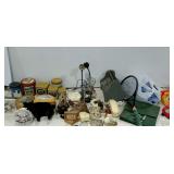 Miscellaneous group, tins, racket, figurines,