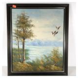 Oil painting on canvas, lake scene, framed,