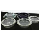 Clear Pyrex group, one purple dish