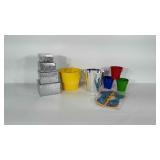 Metal nesting boxes,  metal buckets and silver