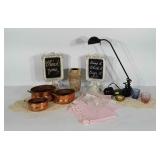 Mixed home decor lot: signs, lamp, tea light