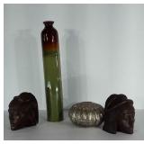 2 wooden tribal art bookends, tall. Ceramic vase