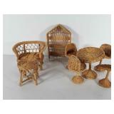 Doll sized wicker furniture, includes tables,