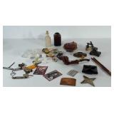 Knickknack lot: bottles, sea shells, keys, 6