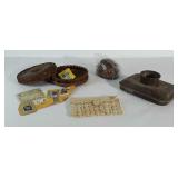 Wicker bowl with lid (shows age), stamps,