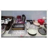 Kitchenwares,  mugs, baking pans, plastic wine