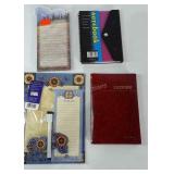 Note pads, note book and financial ledger book.