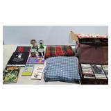 Books, tablecloths, cassette tapes,  stemware,