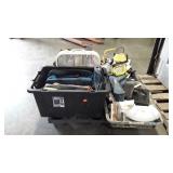 Skid of totes with fans, work lights, PVC pipe,